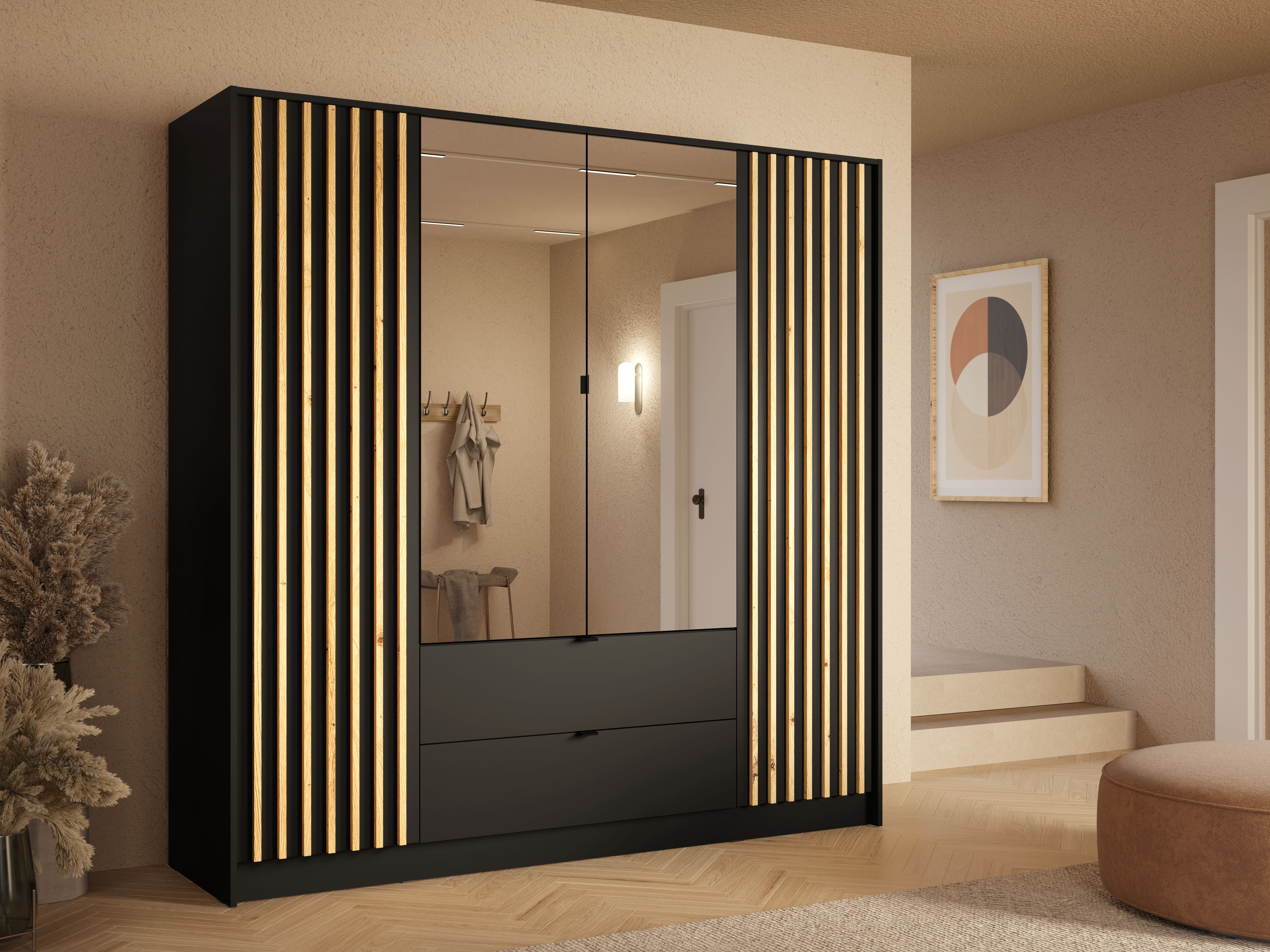 Szafa czterodrzwiowa z lustrem LUNOMA 200 cm Czarny onyx