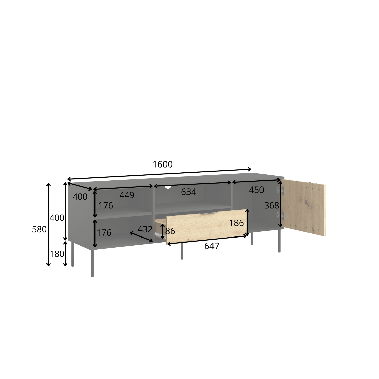 Szafka RTV NESTILA 160 cm Czarny + Dąb artisan
