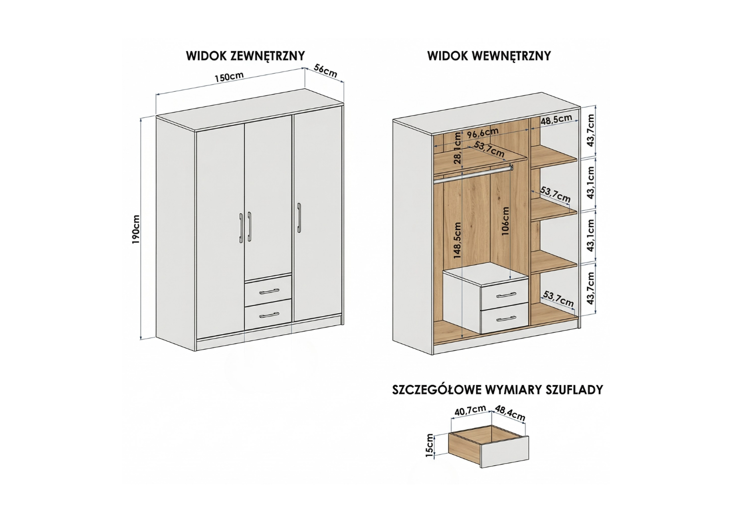 Szafa trzydrzwiowa VENTO z lustrem 150cm Dąb sonoma + biały