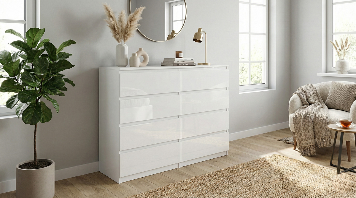 Komoda MODO 100 cm 8 szuflad Biały połysk