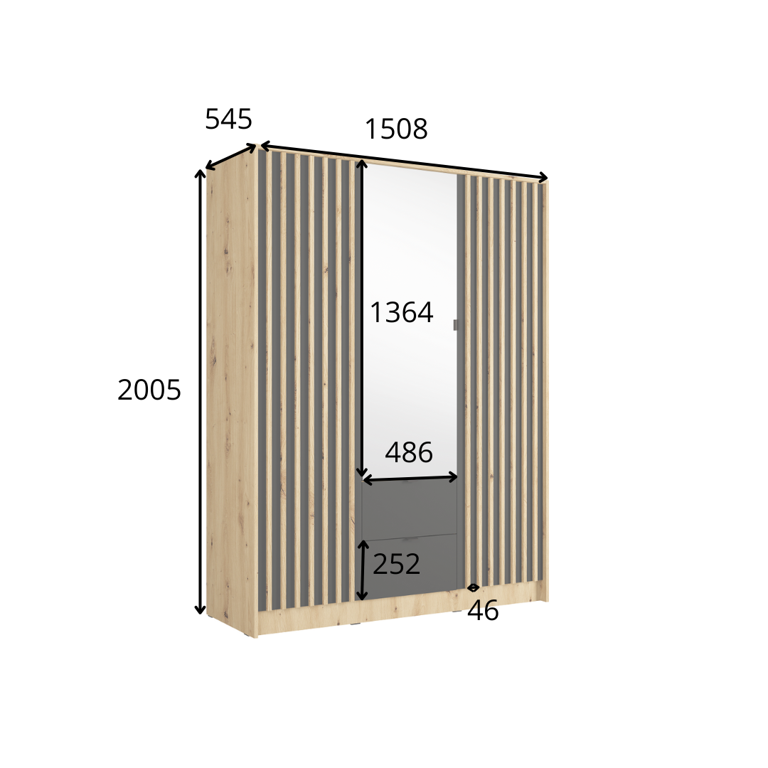Szafa trzydrzwiowa z lustrem LUNOMA 150 cm Dąb artisan
