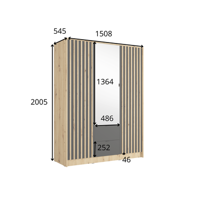 Szafa trzydrzwiowa z lustrem LUNOMA 150 cm Dąb artisan