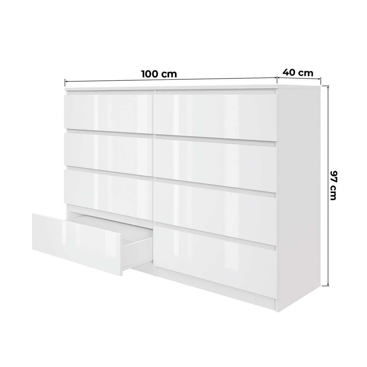 Komoda MODO 100 cm 8 szuflad Biały połysk