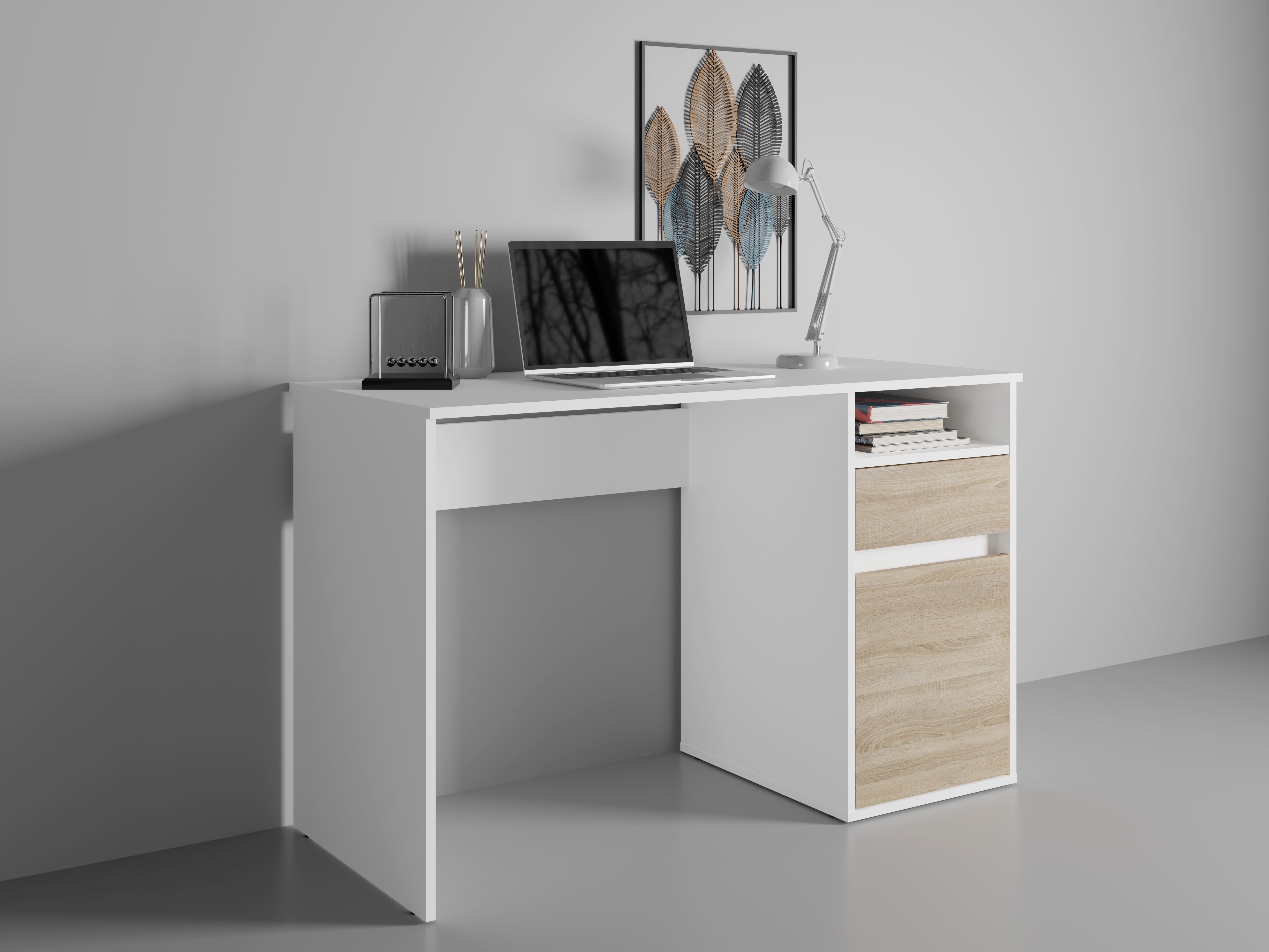 Biurko TASKO 120 cm Biały + Dąb sonoma
