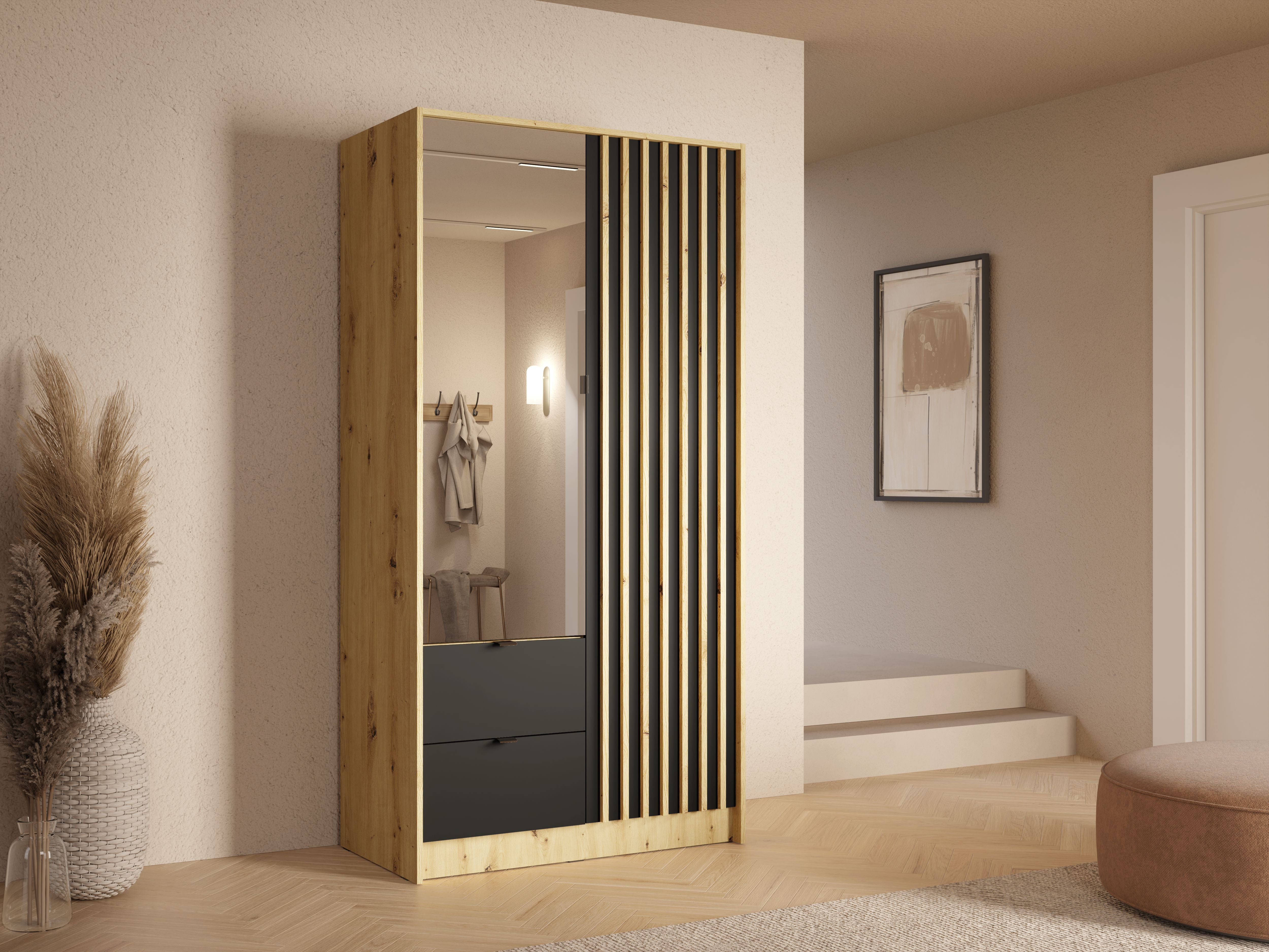 Szafa dwudrzwiowa z lustrem LUNOMA 100 cm Dąb artisan