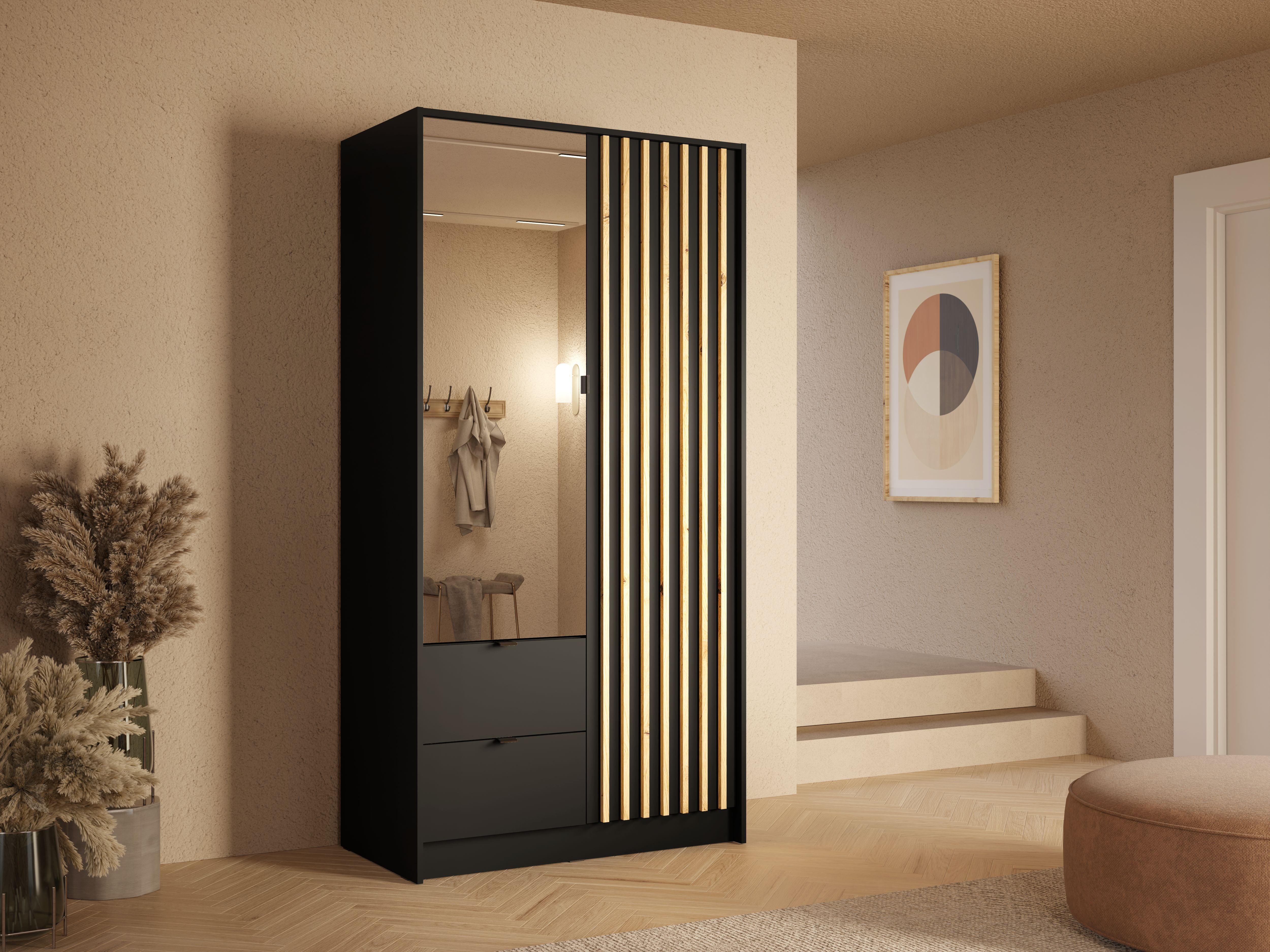 Szafa dwudrzwiowa z lustrem LUNOMA 100 cm Czarny onyx