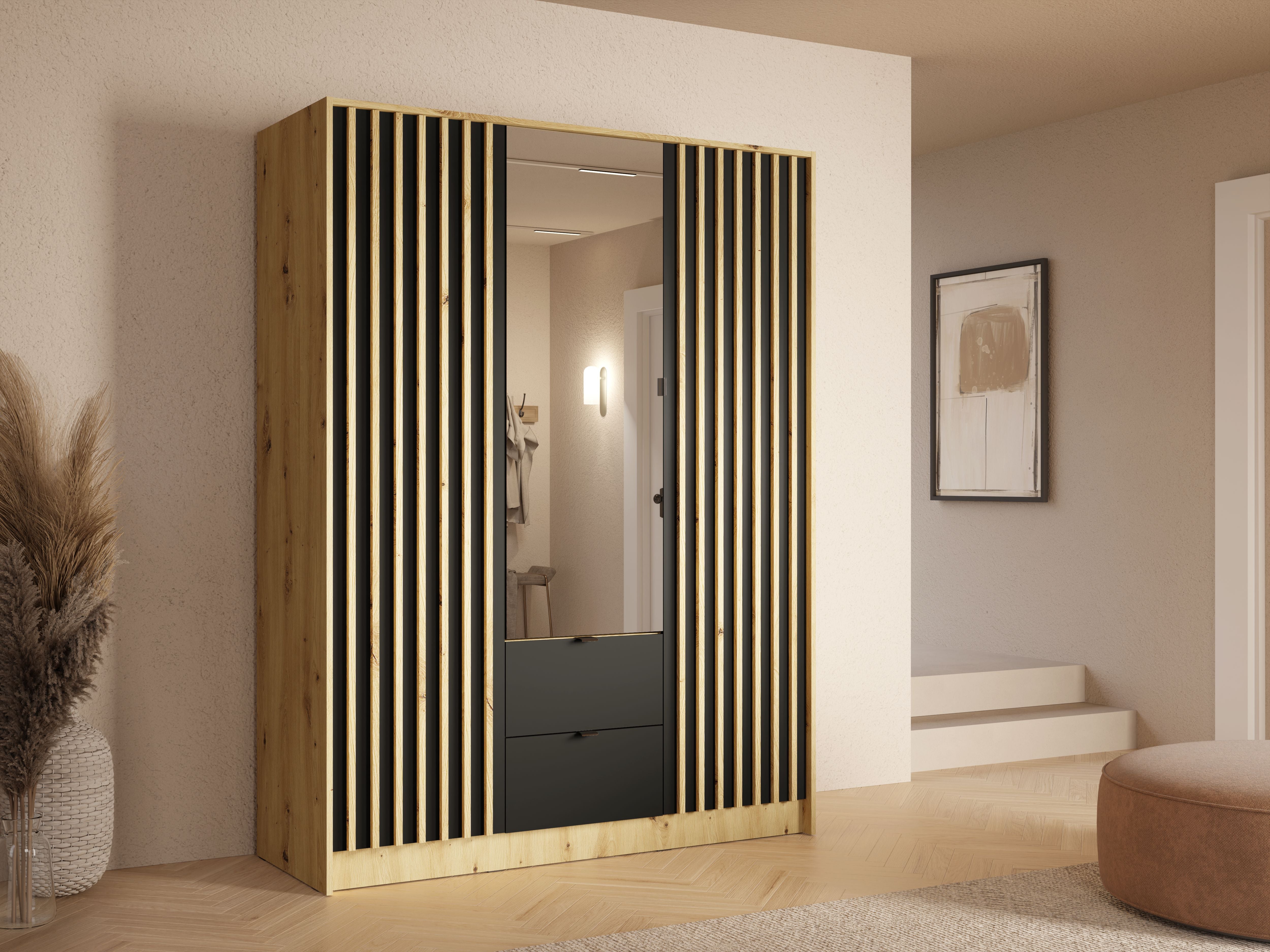 Szafa trzydrzwiowa z lustrem LUNOMA 150 cm Dąb artisan