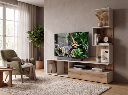 Szafka RTV z regałem KANESO 180 cm Kaszmirowy Beż + Dąb